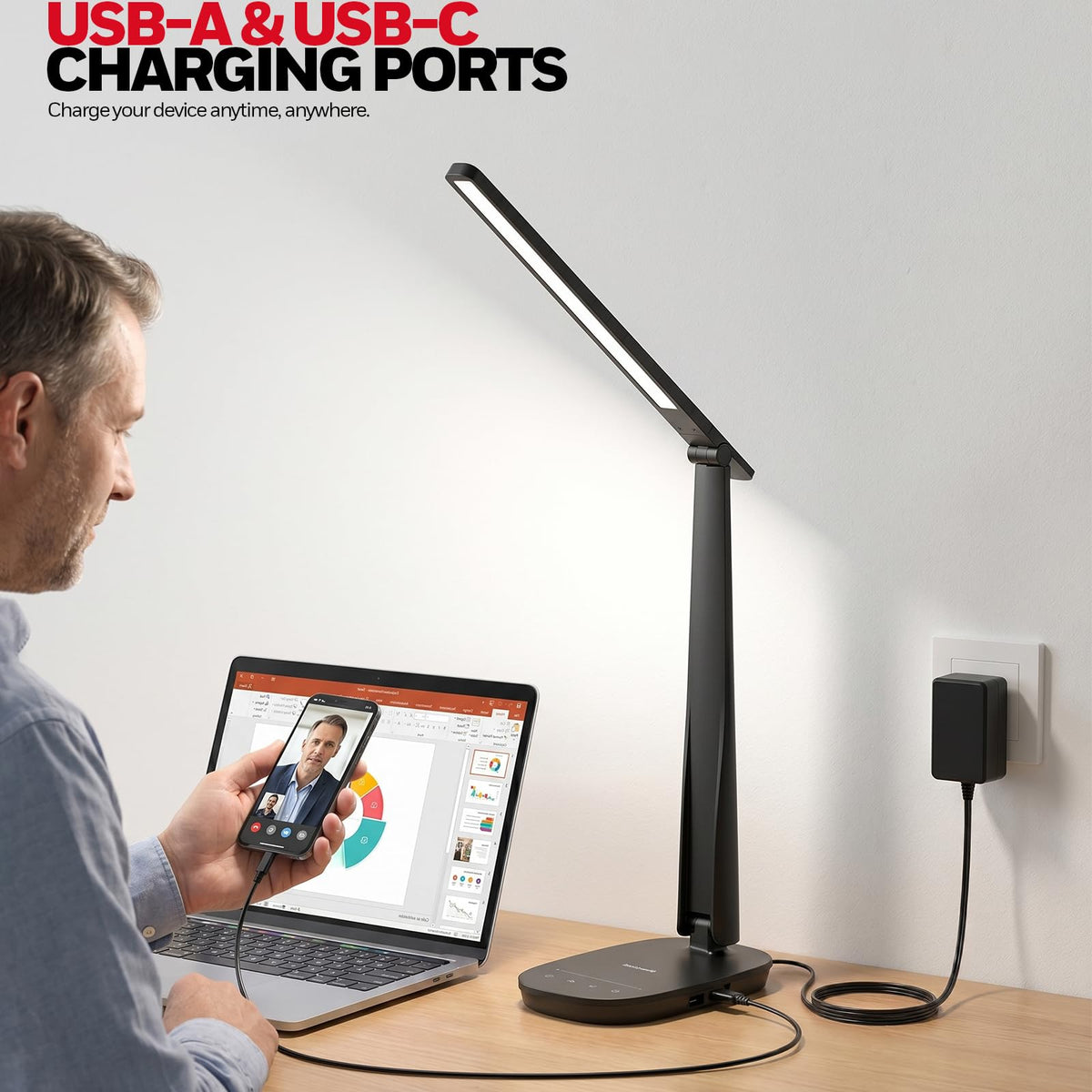 Honeywell LED Desk Lamp for Home Office, Eye-Caring Dimmable Reading Light with 4 Color Modes, Touch Control, USB-A & USB-C Charging Ports, Adjustable Head, Timer for Bedroom & Small Desks