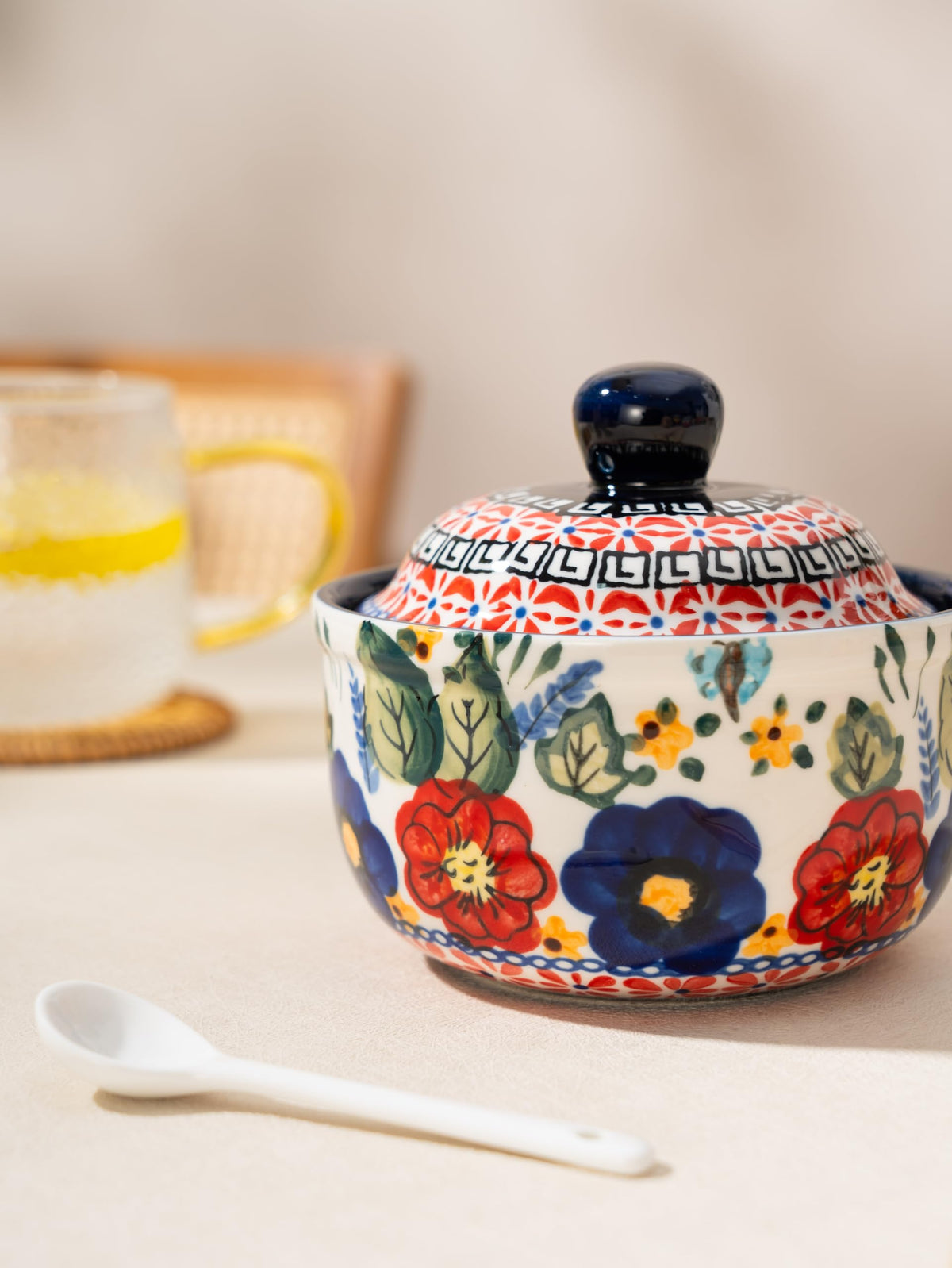 silesia Handmade Sugar Bowl with Lid and Spoon, 10 Ounce Ceramic Hand-Painted Sugar Jar for Kitchen in Gift Box, Kitchen Decor, Oven, Dishwasher & Microwave Safe, Polish Garden