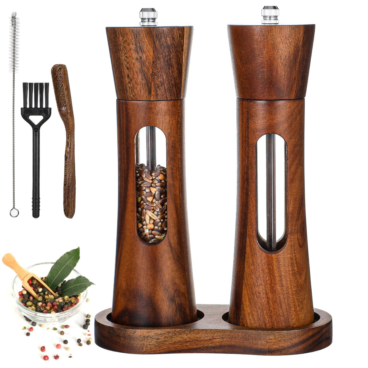 Wood Salt and Pepper Grinder Set, 8 inch Manual Refillable Wooden Salt and Pepper Shakers Mill with Brush, Tray and Spoon, Adjustable Coarseness, Solid Wood with Ceramic Stainless Steel Core