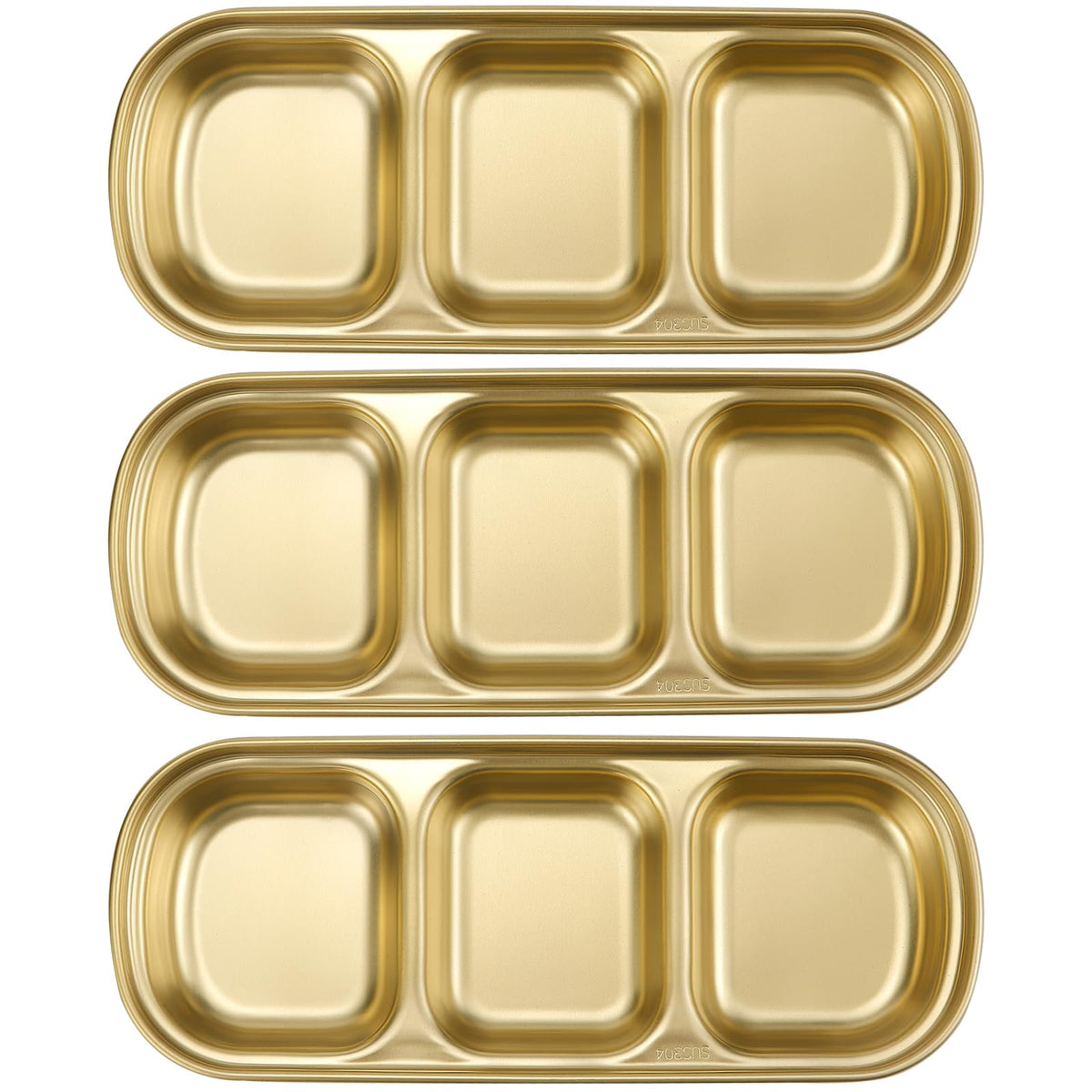 LCJAOF 3Pcs Stainless Steel Dipping Bowls-3 Compartment Appetizer Serving Tray, Soy Sauce Dish for Condiments, BBQ Sauce, and Seasoning, Dishwasher Safe, Gold