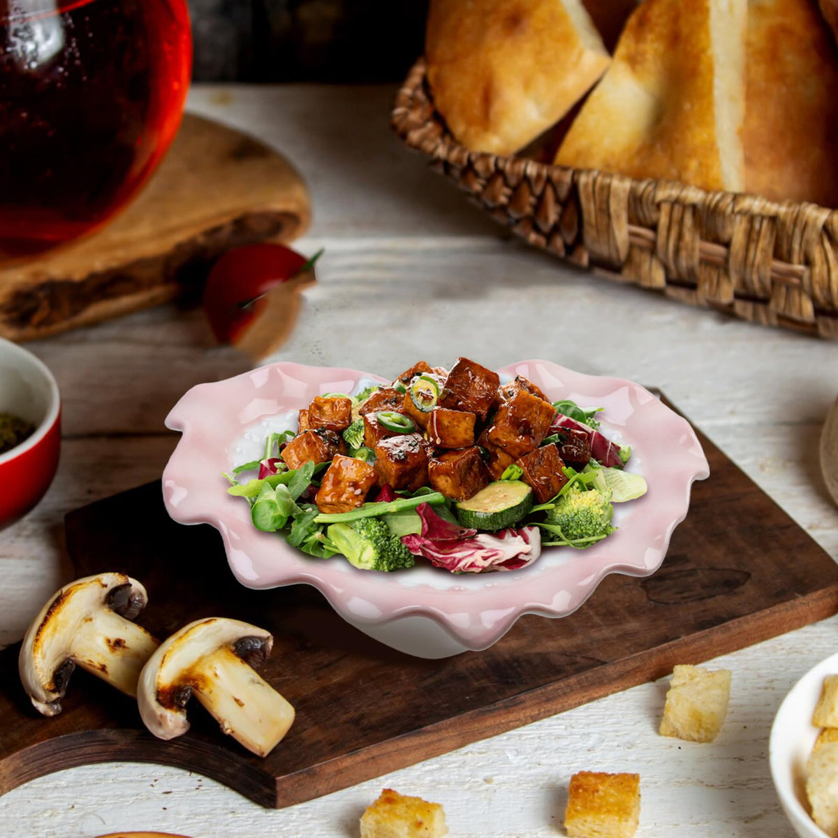 Bitray Heart Shaped Dessert Bowl Lovely Ceramic Wavy Lace Bowl for Rice Grain Fruit and Salad (Pink)