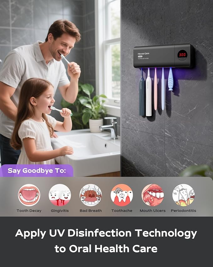HouseGem Toothbrush Holder, Timer Function, 2000mAh Rechargeable Cordless