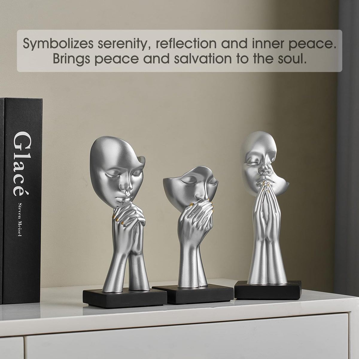 3 Pcs Silver Decor Prayer Statues, Modern Prayer of Peace Figurines Shelf Decor Accents, Abstract Art Sculpture Home Decorations for Living Room Bedroom Office Bookshelf Coffee Table, Gifts for Women