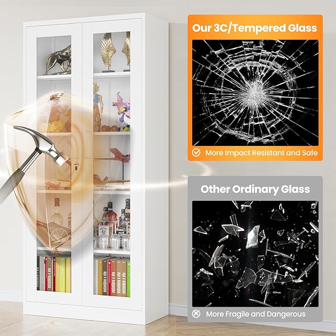 Locking Display Cabinet with Glass Door, 71”H Metal Curio Cabinets with