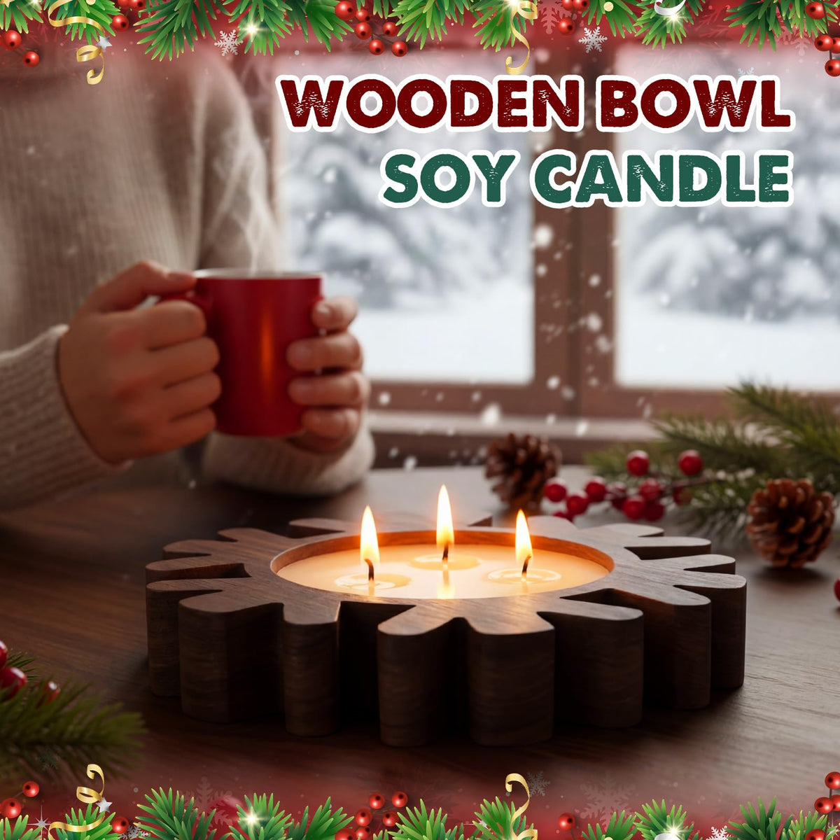 Potchen 1 Set Wooden Christmas Bowl Candle Gifts 14oz Large Rustic Wood Christmas Dough Bowl Candle with Berries Pine Label for Xmas Farmhouse Table Centerpiece Decor, 11.81 x 9.84 in(Snowflake)