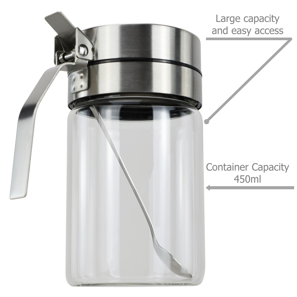 EIKS Glass Condiment Jars with Stainless Steel Lids and Spoons for Serving & Storing Sugar Spice Salt Seasoning in Home Kitchen Coffee Bar Restaurant, Container Capacity 450ml/14.5oz