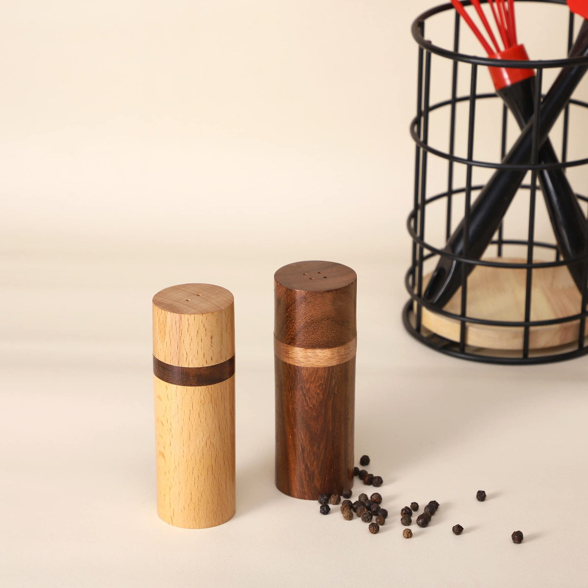 Wooden Salt & Pepper Shaker Set of 2 | Premium Oak & Rosewood | Tabletop Spice Shakers for Dining Table & Kitchen
