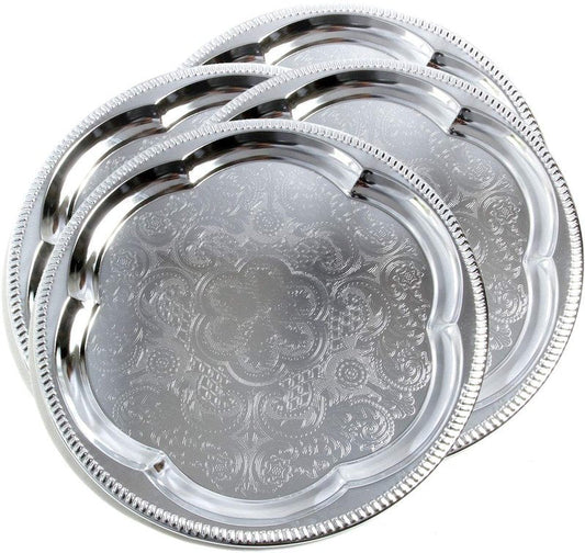 Maro Megastore (Pack of 4) Elegant Floral Engraved Serving Tray Chrome Plated Steel Plate Platter Wedding Birthday Holiday Party Food Buffet Decor Shiny Silver Color (Round 13.8")