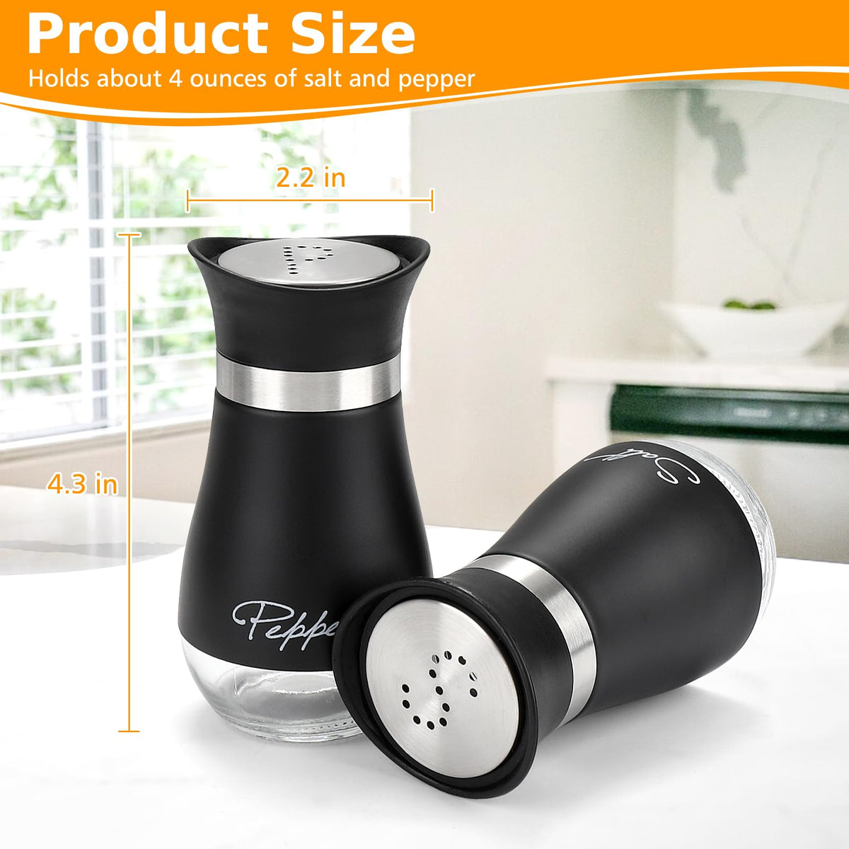 Accmor Salt and Pepper Shakers Set with Holder, 4 oz Stainless Steel Salt Pepper Shaker Containers with Glass Bottom for Kitchen Cooking, BBQ, Bar, Table, RV, Camp