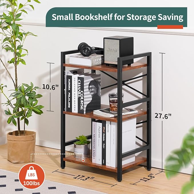 Yoobure Bookshelf Small Book Shelf, Solid Industrial 3 Tier Shelf Bookcase