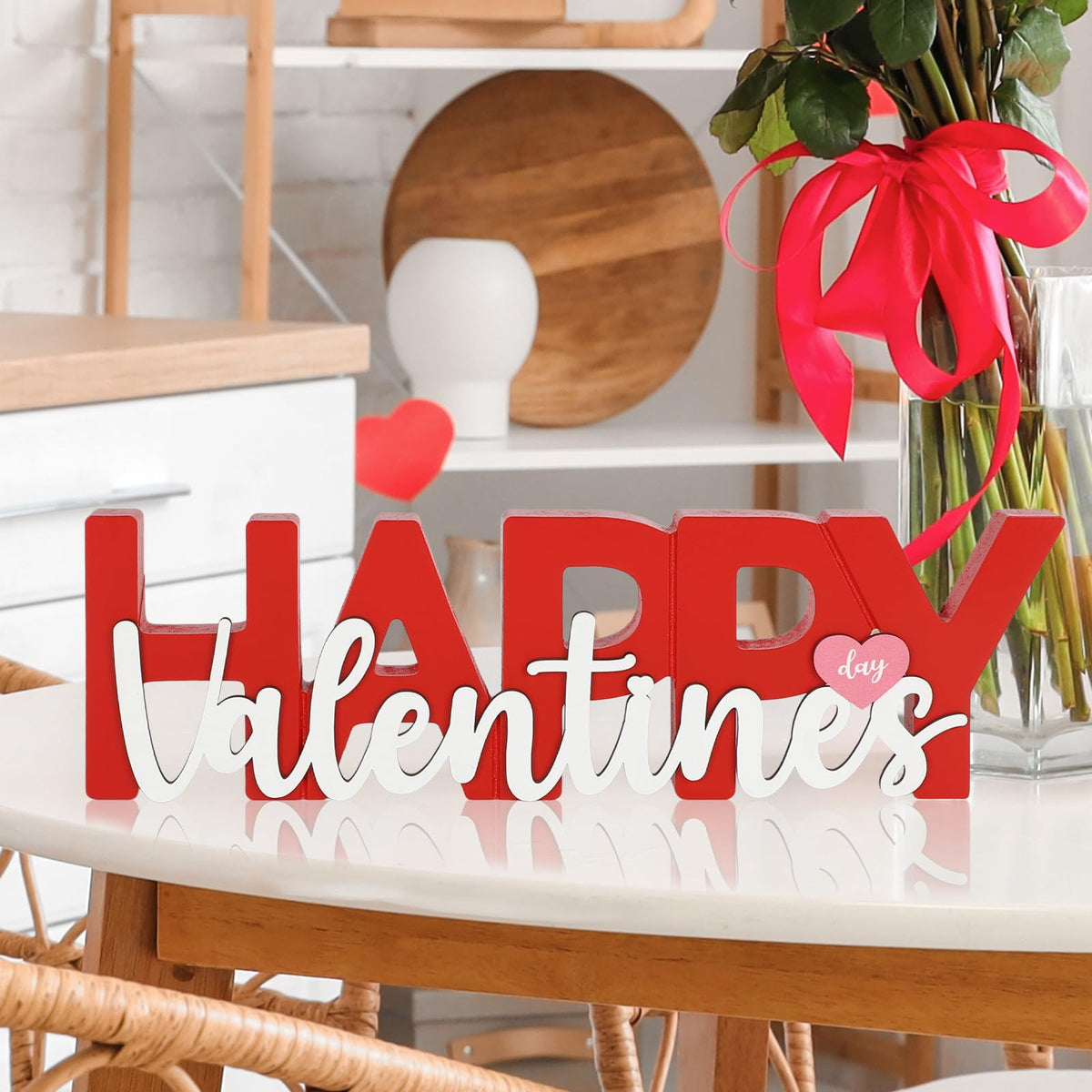 COCHIE Wooden Happy Valentine's Day Sign, Valentine Decorations for Home, Office, Shelf, Mantel, Indoor, Wood Heart Decor, Red Pink Table Top Party Decoration (Valentines)