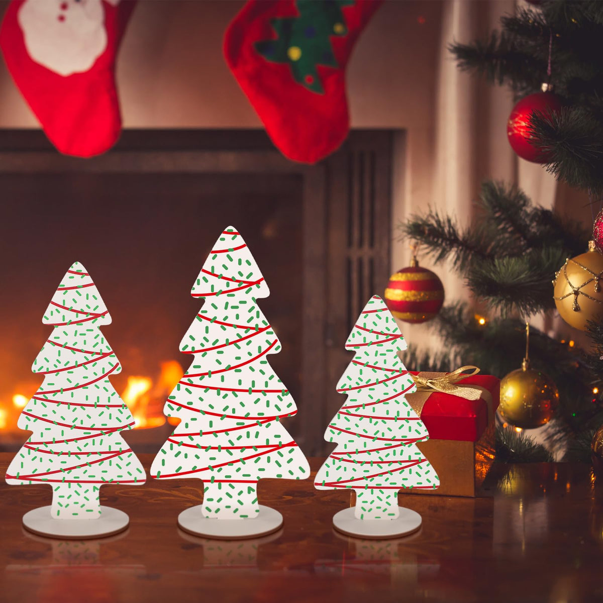 Huwena 3 Piece Wooden Christmas Tree Table Decor Rustic Farmhouse Xmas Tree Snowflake Centerpieces Tiered Tray Shelf Decorations for Home, Office, Holiday Party Decor (Simple)
