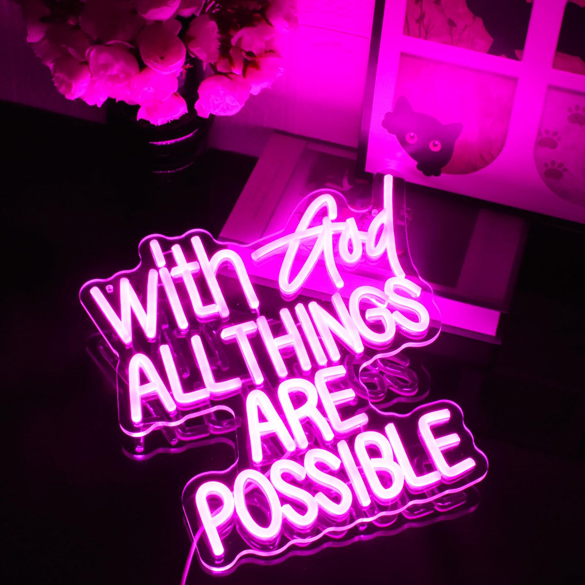 With God All Things Are Possible Neon Sign Pink God Led Lights for Wall Decor Letter LED Neon Lights Dimmable USB Powered for Room Party Wedding Church Decor