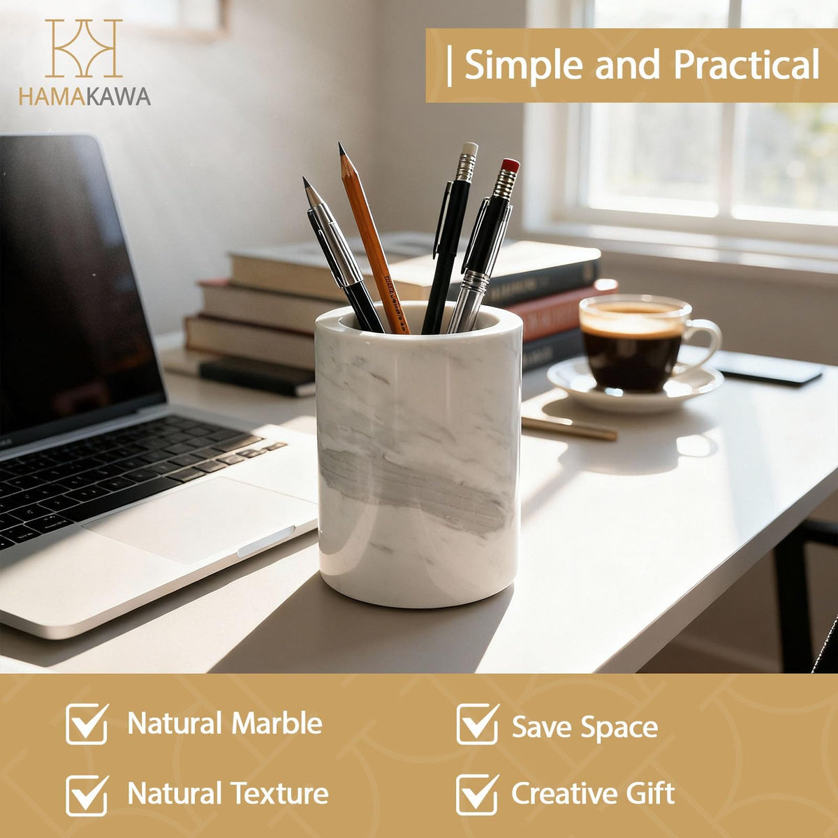 HAMAKAWA Natural Marble Toothbrush Holder, Volakas White Toothbrush Tube for Bathroom, Makeup Shelf, Counter, Bedroom and Dresser