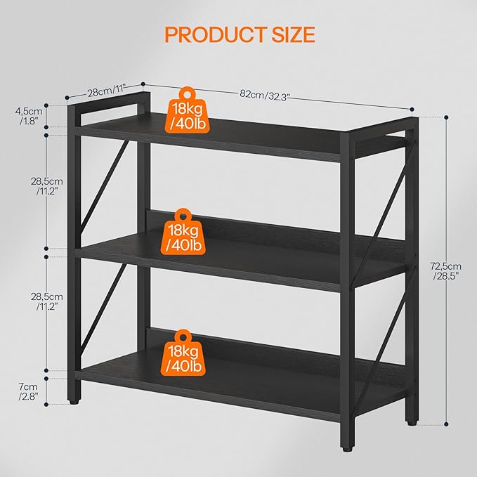 HOOBRO Bookshelf, 3-Tier Industrial Bookcase, Book Shelf Storage Organizer