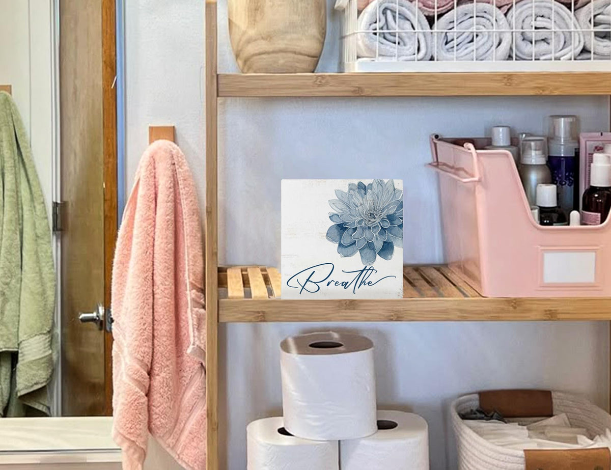 Mtrgdn Blue Bathroom Decor,Spa Bathroom Decor and Accessories,Breathe Blue Flower Wooden Box Sig for Home Spa Room Beauty Salon Decoration,5X5 Inch