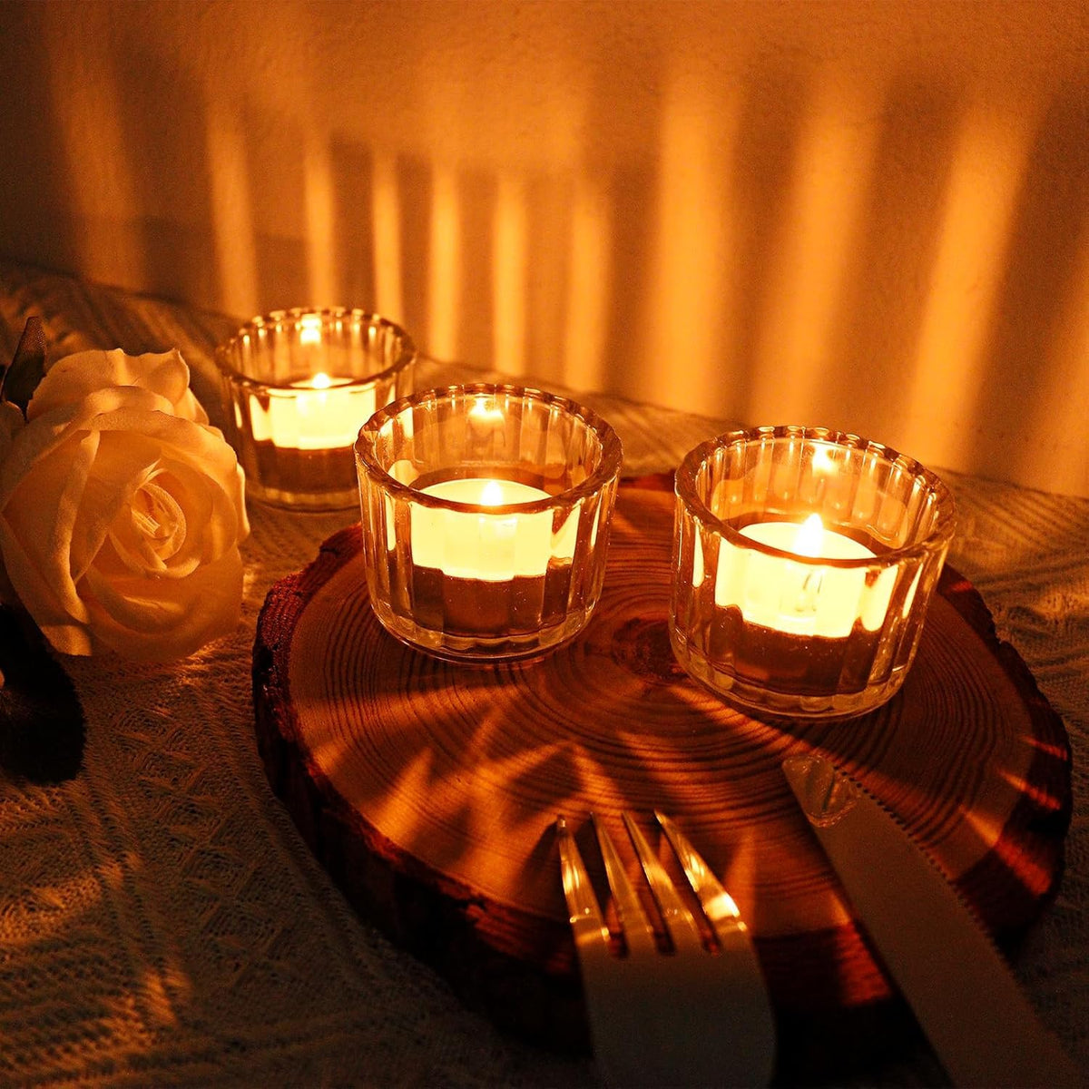 Filltown Clear Tea Light Candle Holders Set of 12, 5cm x 3.5cm Glass Tea Light Holders for Table Centerpiece, Mini Votive Candle Holders for Weddings, Birthday Parties, Home Decor, Table Decor