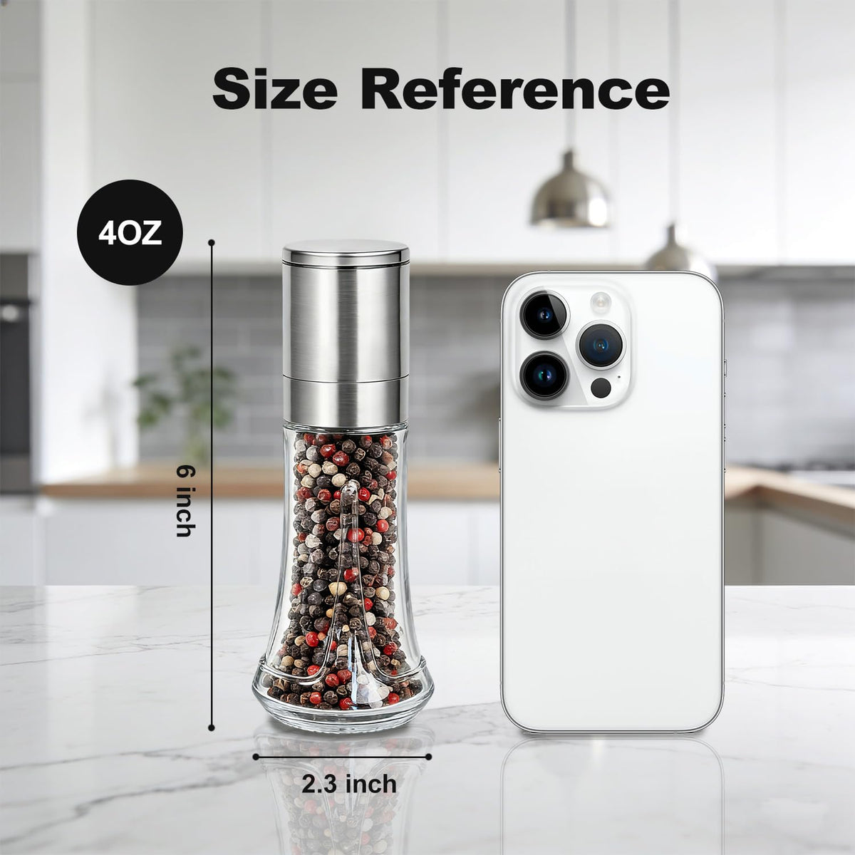 Aelga Salt and Pepper Grinder Set - 4oz Glass Manual Pepper Mill with 5-Level Adjustable Coarseness, Refillable Salt Grinder for Kitchen, Modern Kitchen Gift Set with Silicone Funnel