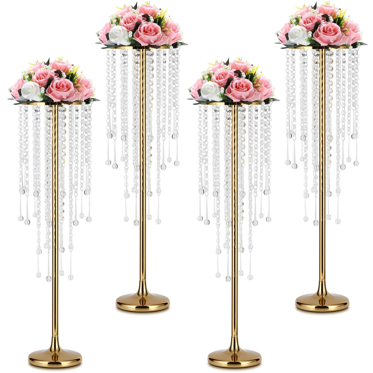 Rozrety Metal Gold Vase, 4pcs Modern Centerpiece for Table, Wedding Event Decor, 29.5in Tall, Durable Rust Resistant, Luxurious Home Decorations