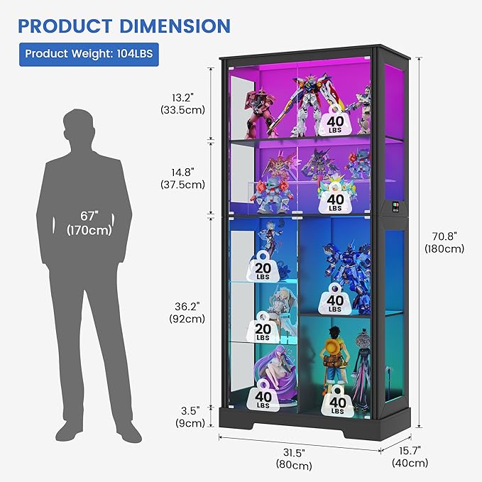 Gurexl Display Cabinet with Motion Sensor LED Lights, Glass Curio Cabinet with