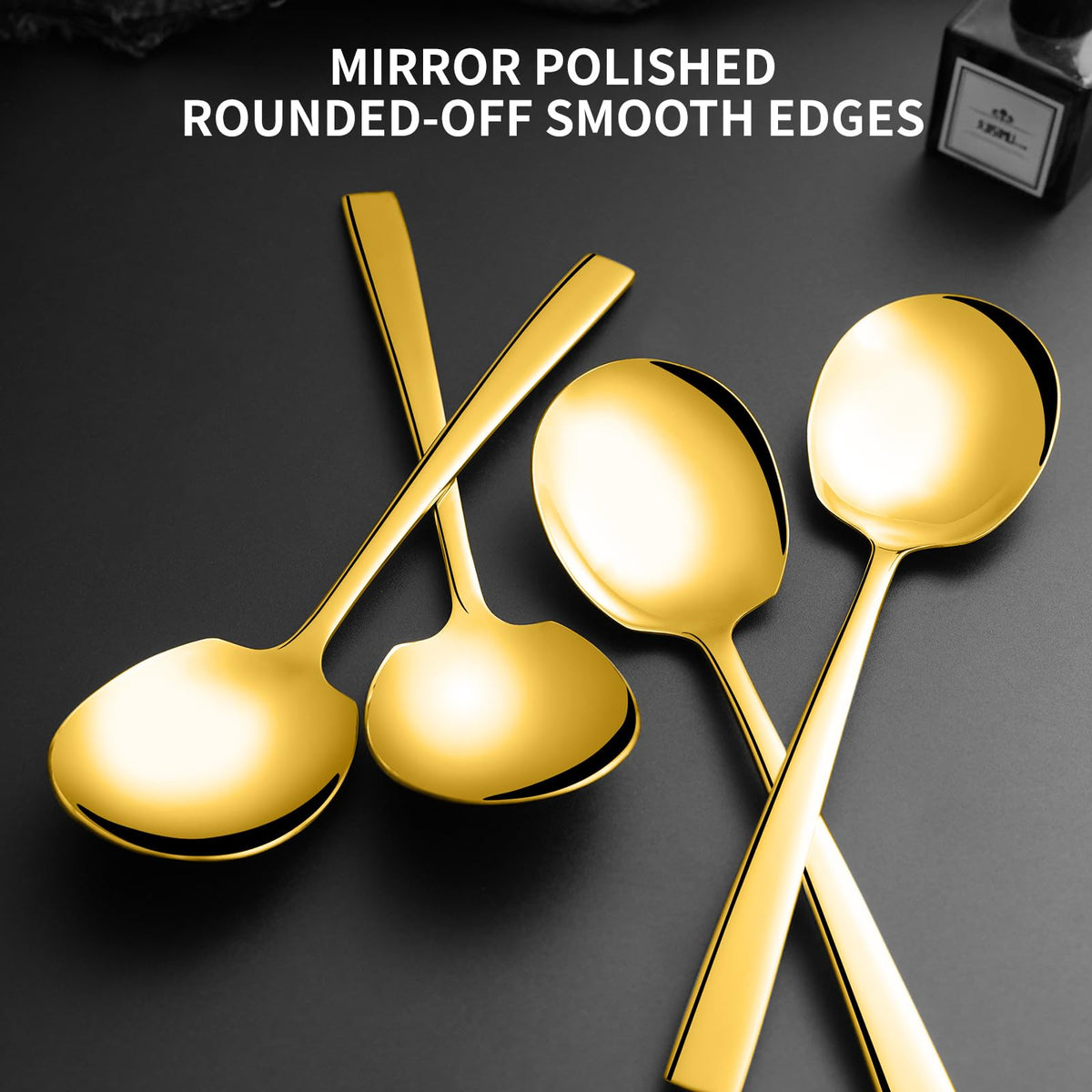 Keyoxy 4 Piece Stainless Steel Serving Spoons Set - 4 Large Spoons, 9.2-Inch, Dishwasher Safe, for Parties/Kitchen/Buffet/Catering,Gold
