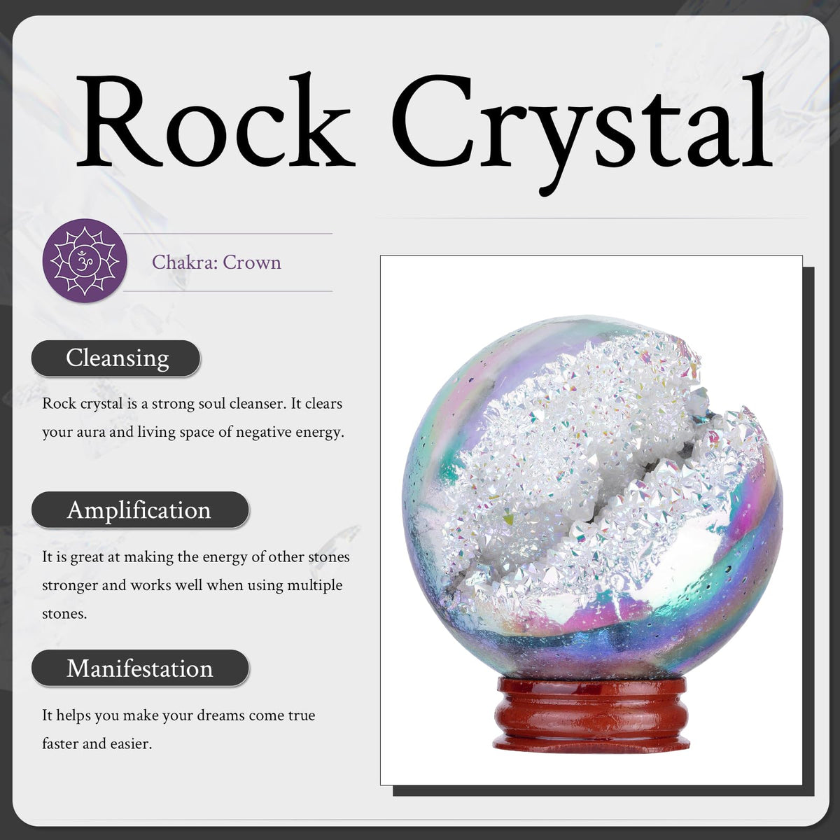 Sportmusies Titanium Coated Rock Crystal Geode Ball with Wooden Stand, Druzy Quartz Stone Cluster Sphere Reiki Home Office Decoration, Angel Aura