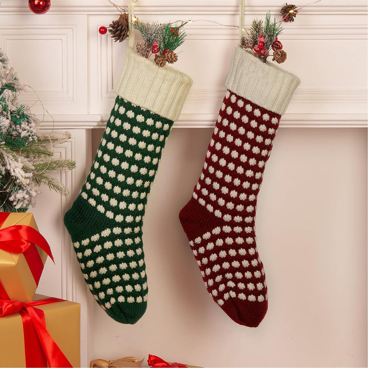 Guojanfon Christmas Stockings ，18" Unique Burgundy and Green Knit Christmas Stockings Dots Style (Length 18",Pack 2)