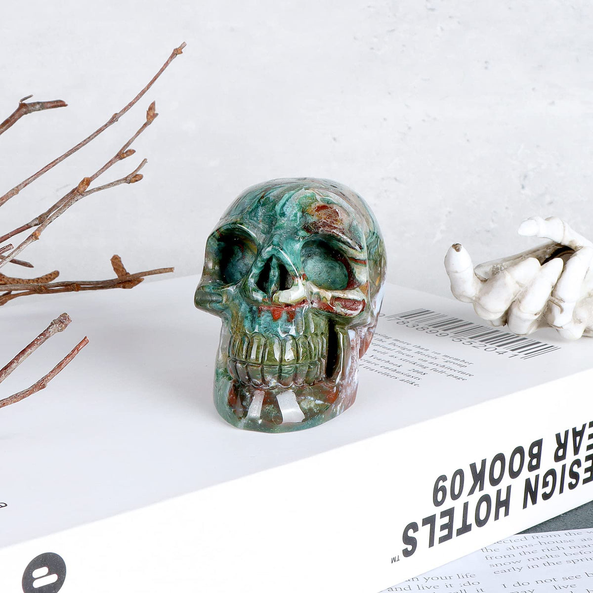 LEADGEM 3.0" Ocean Jasper Crystal Skull Head Decor Figurine Healing Stone Carved Sugar Skull Stutue Sculpture Ornament for Day of Dead Decorations Home Office