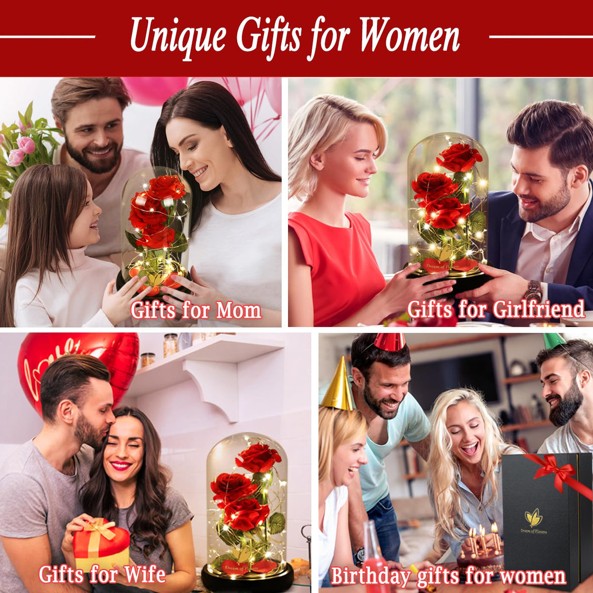 Dream of Flowers Gifts for Mom Mothers Day Birthday Gifts for Women,Beauty and The Beast Rose in Glass Dome,Anniversary Rose Gifts for Wife,Romantic Red Silk Rose Flower Gifts for Women
