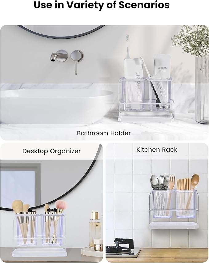 KONE Clear Toothbrush Holders for Bathroom, 2 Cups Wall Mounted, Dry & Wet