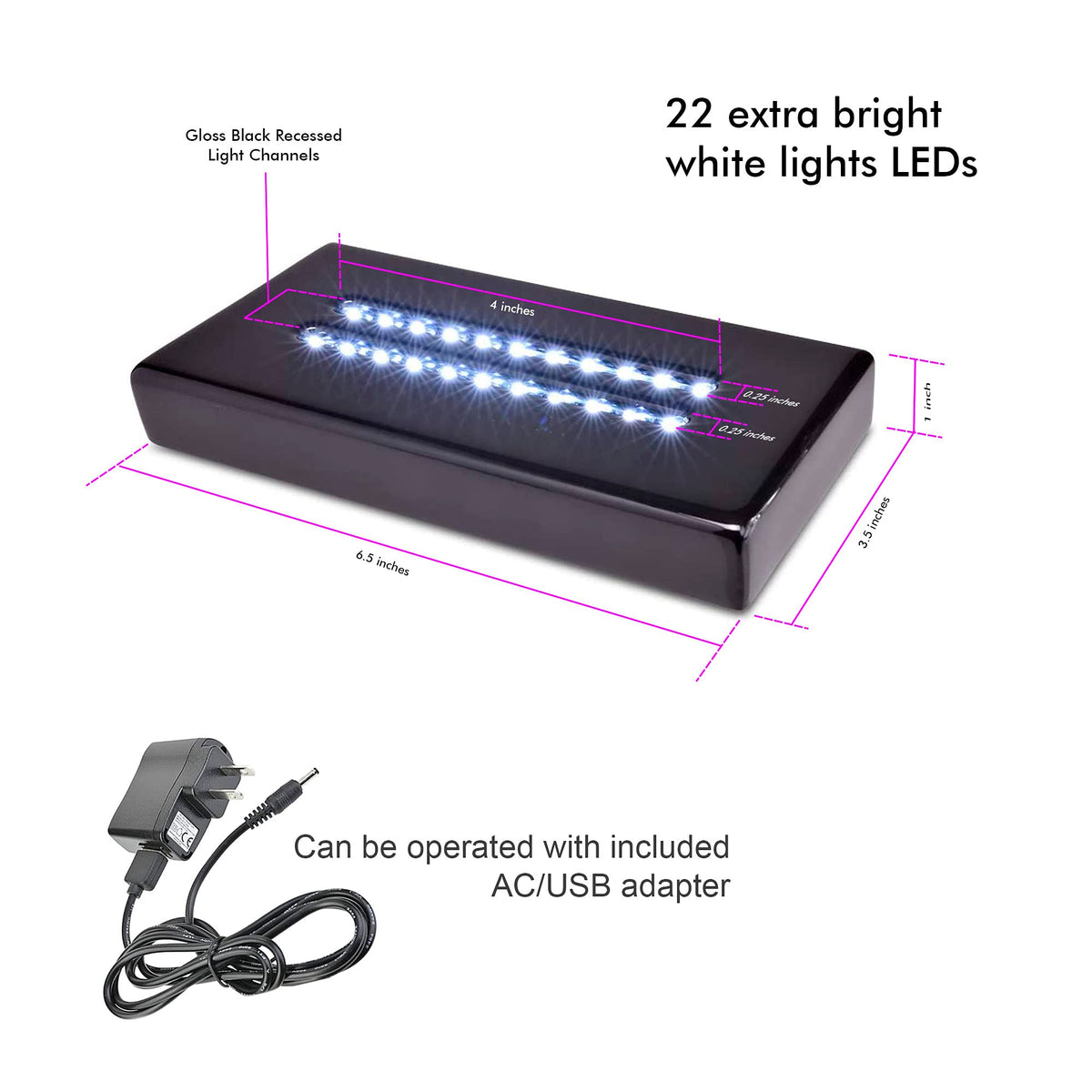 ASENTE 20 LED Lighted Base for Glass Art - Rectangular Satin Matte Black White Light Stand Base for 3D Art Glass, Room Decor and Gemstones and Crystals - AC/USB Adapter Powered (Black)