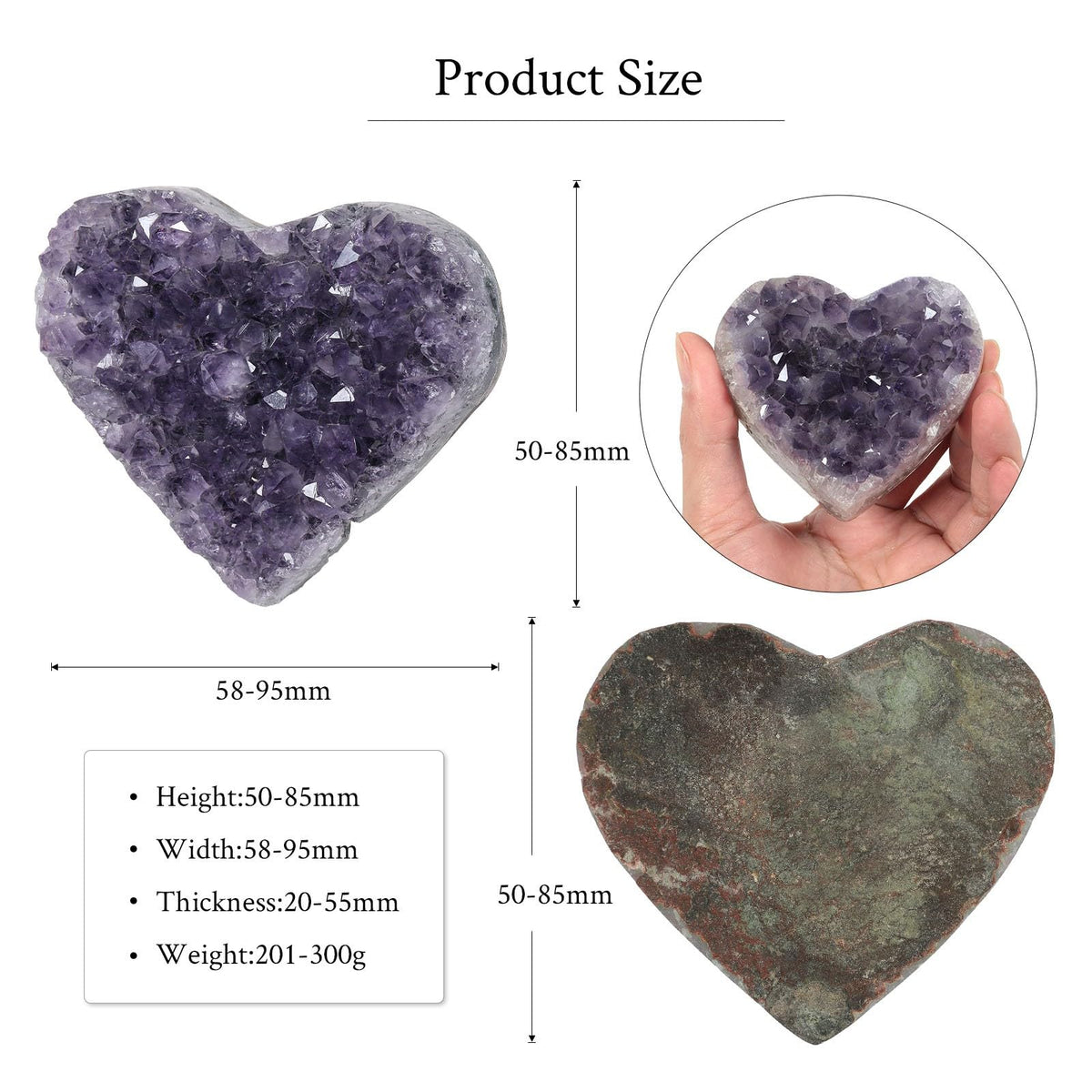 TUMBEELLUWA Heart Shaped Amethyst Crystal Cluster Geode Decorative Rock Raw Crystals and Healing Stones for Home Room Decor, 1.97-3.35 Inch