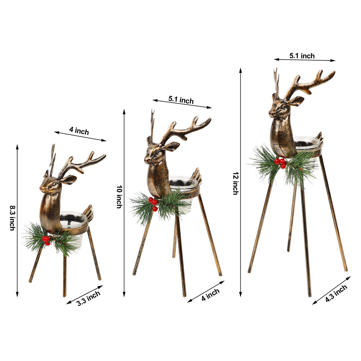Juegoal Set of 3 Reindeer Tealight Candle Holders, Standing Iron Metal Christmas Decorations, Glass Votive Candle Holder, Durable and Rust-Proof Holiday Tabletop Centerpiece and Display