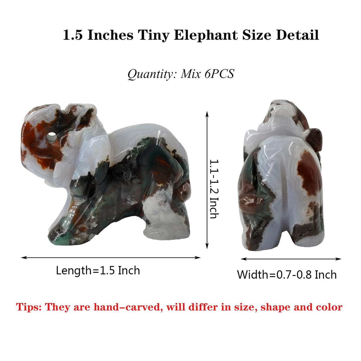 Wemeki Gemstone Elephant Figurines Mix 6PCS, Hand Carved Statue Healing Crystal Guardian Stones for Home Decorations 1.5''