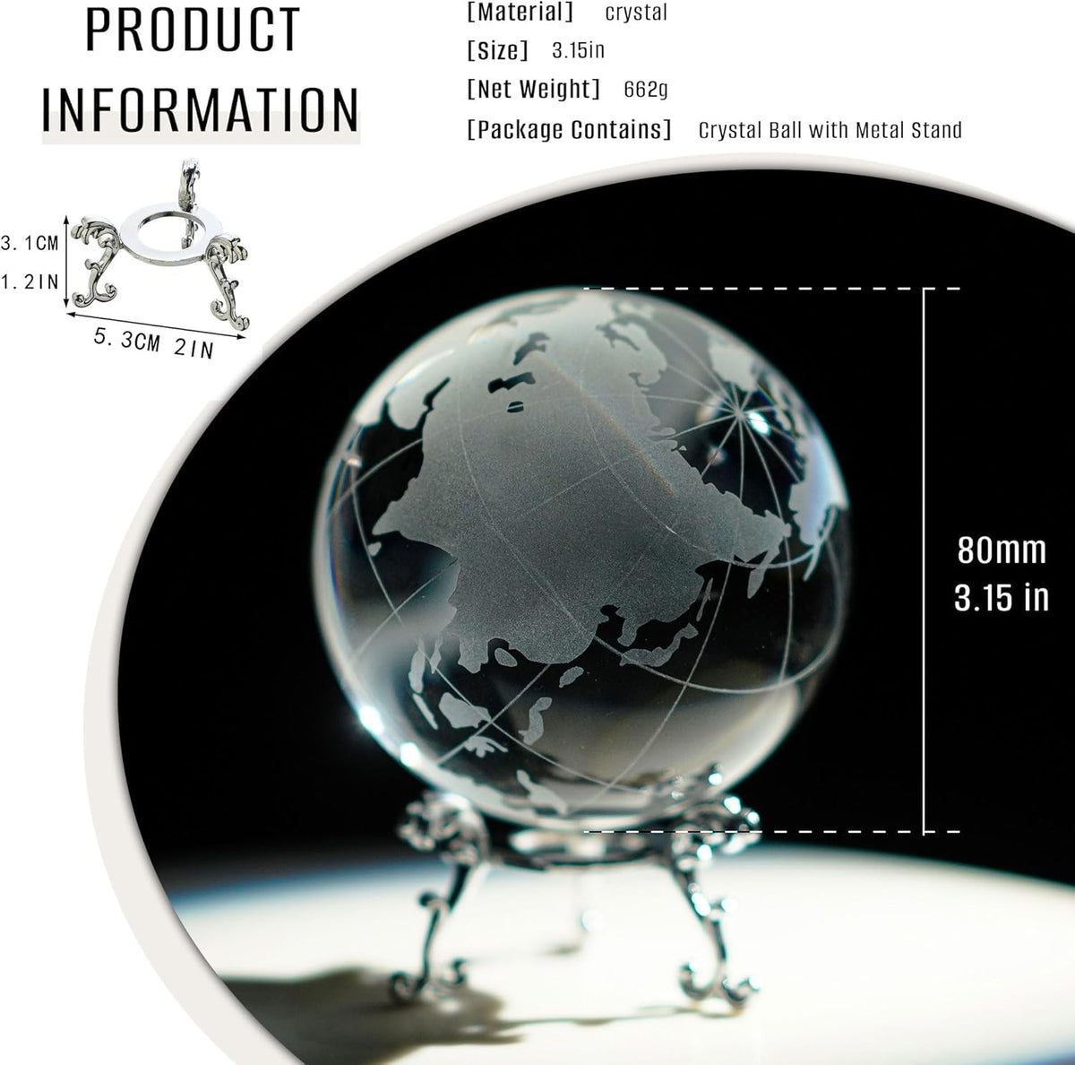ZEERSHEE 80mm Crystal Earth Globe Ball with Stand World Map Glass Sphere Desk Office Home Decor Glass World Globe Paperweight
