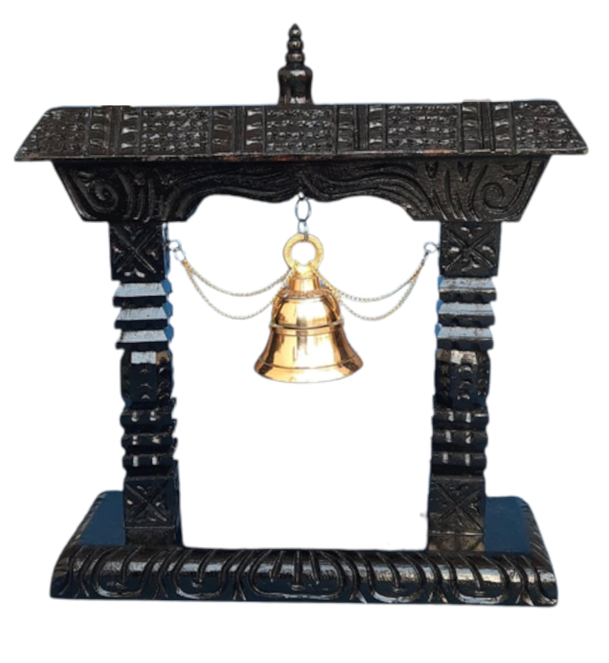 Himalayan Craft Traditional Table Brass Bell On Wooden Frame Pooja Hand Bell Ghanti for Temple Home Store for Puja Gift Decoration & Collections - Handmade in Nepal