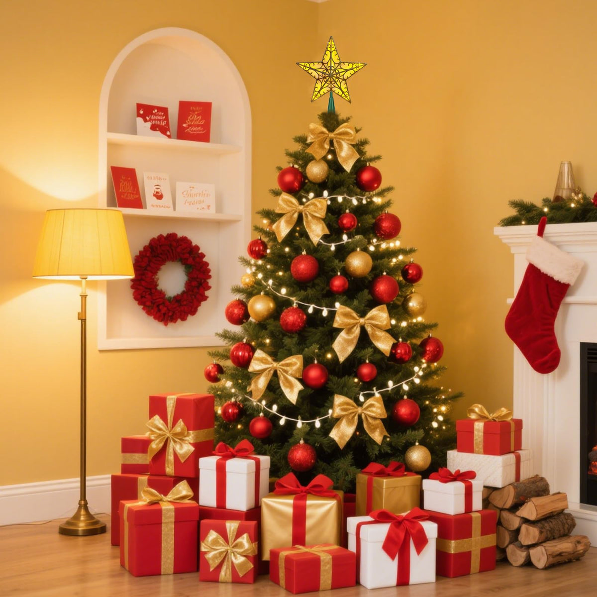 Christmas Star Tree Topper, Gold Glittered 3D Star Tree Topper, with Warm White LED Lights String Lights for Indoor Office Christmas New Year Holiday Tree Decoration