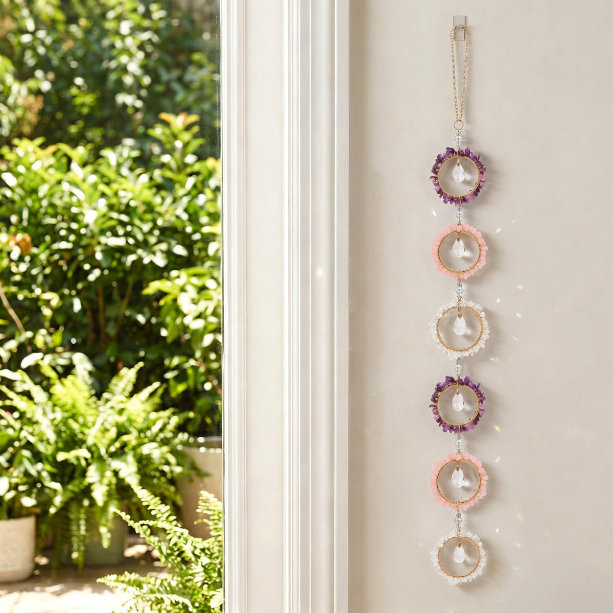 Pendlixy Emotional Healing Crystal Wall Decor Suncatcher, Amethyst Rose Quartz Clear Quartz Emotional Healing Hanging Crystals for Window, Stress Relief Gemstone Wall Hanging Gift