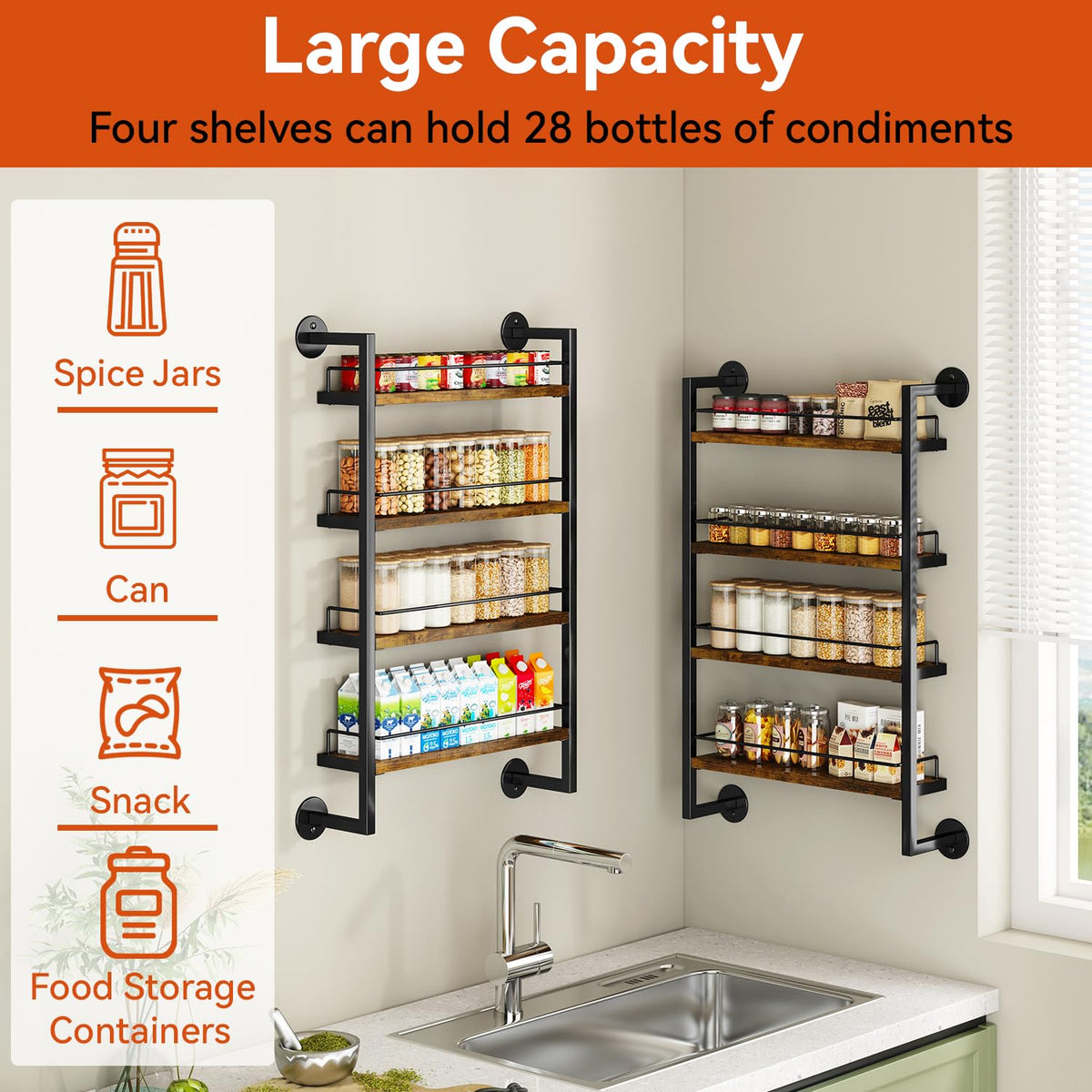 IBUYKE Spice Rack Wall Mount,4 Tier Hanging Seasoning Organizer,Large Spice Rack for Wall for up to 50 Jars,Spice Organization for Kitchen Cabinet,Bathroom,Pantry,Living Room,Brown TLJ016H