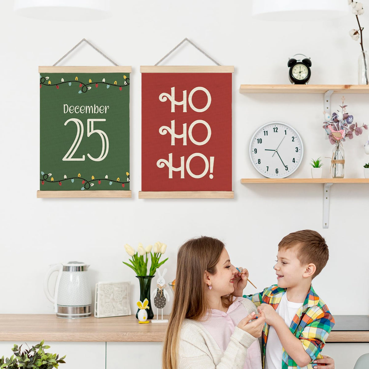 LUVADIAN Christmas Wall Decor, Hohoho Christmas Lights Wall Art With Wooden Poster Hanger, Christmas Wall Decoration, Red and Green Christmas Wall Decor for Home Office, 12x16 Inch Set of 2