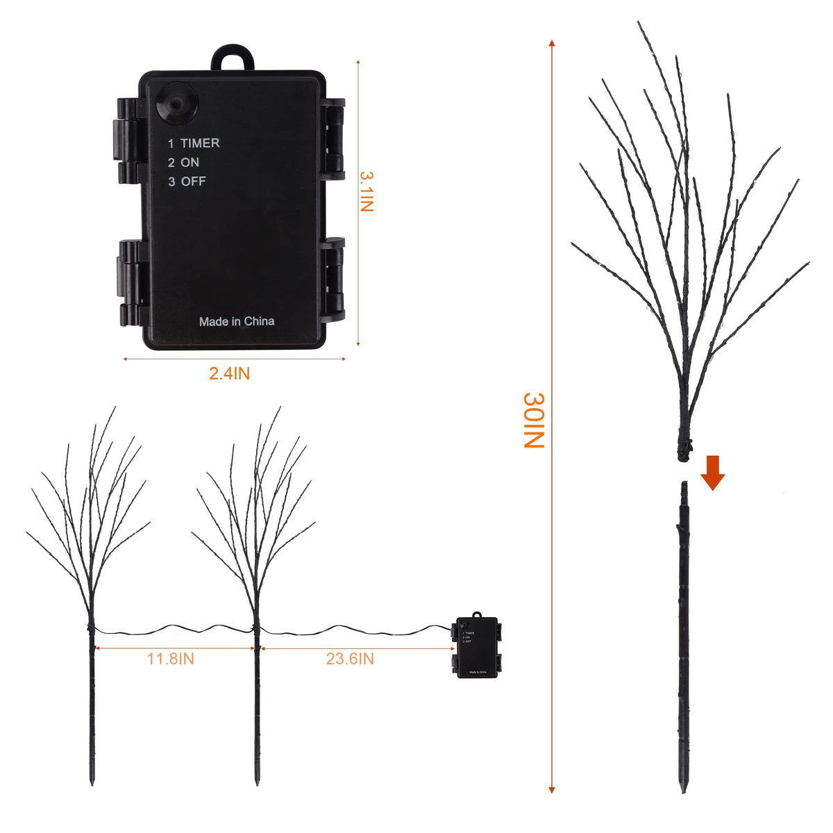 Lighted Halloween Tree Branches, 30IN 100LED Artificial Black Twig Branch with Orange Fairy Lights, Built-in Timer & Battery Operated, Waterproof for Indoor Outdoor Office Bedroom Party Decorations