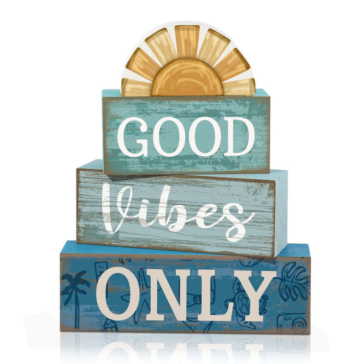Lineshading 4 Pcs Beach Themed Table Decor Good Vibes Only Wood Block Sign Wooden Sunshine Beach Tiered Tray Decorations Summer Centerpiece Decor Funny Farmhouse Summer Decorations for Home Shelf