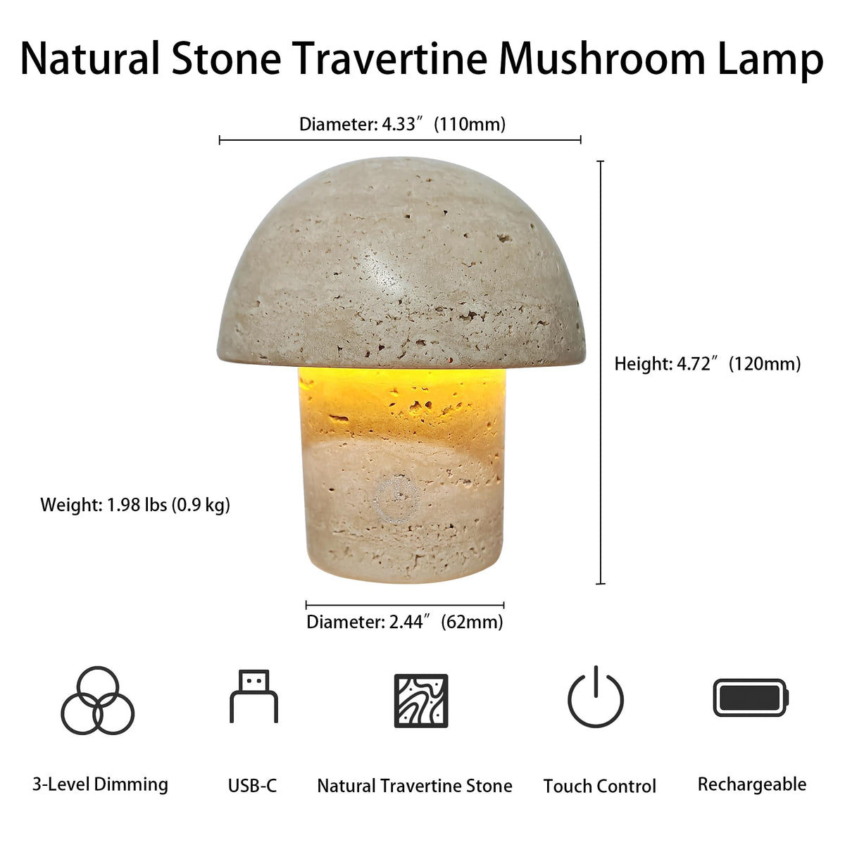 Natural Stone Mushroom Lamp - Handcrafted Travertine Night Light, Rechargeable with Type-C, Dimmable LED Accent Light for Bedroom & Living Room