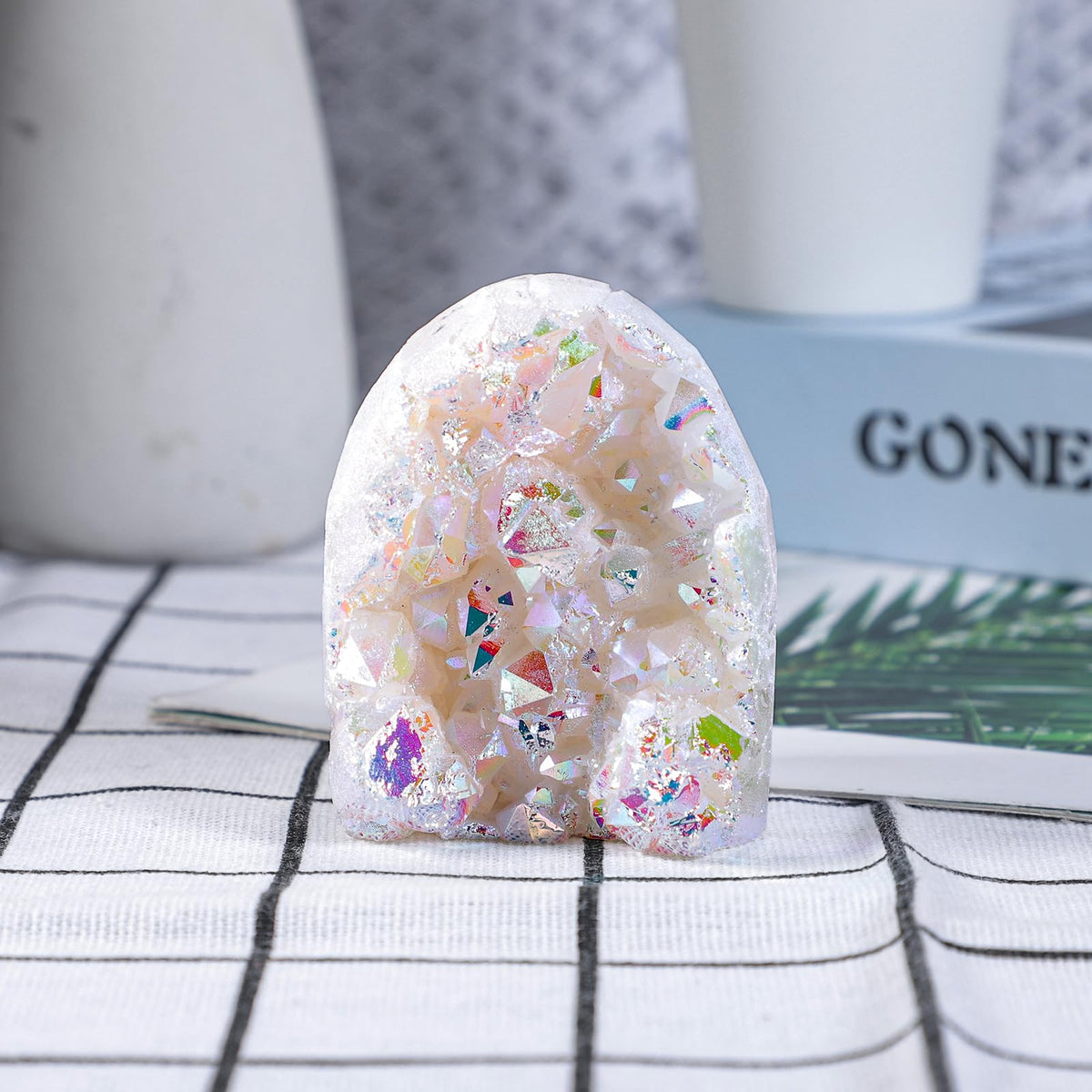TUMBEELLUWA Angel Aura Quartz Crystal Cluster Geode, White Titanium Coated Crystals and Healing Stones for Home Decor, Meditation & Spiritual Growth