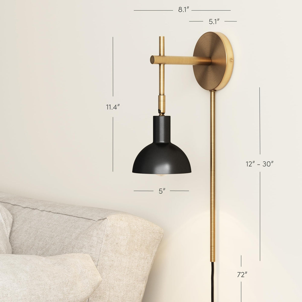 Nathan James Tamlin Wall Light Fixture, Wall Mounted 1-Light Lamp, Plugin Sconce with On/Off Switch for Living Room, Reading Nook or Bedroom, Vintage Brass/Matte Black