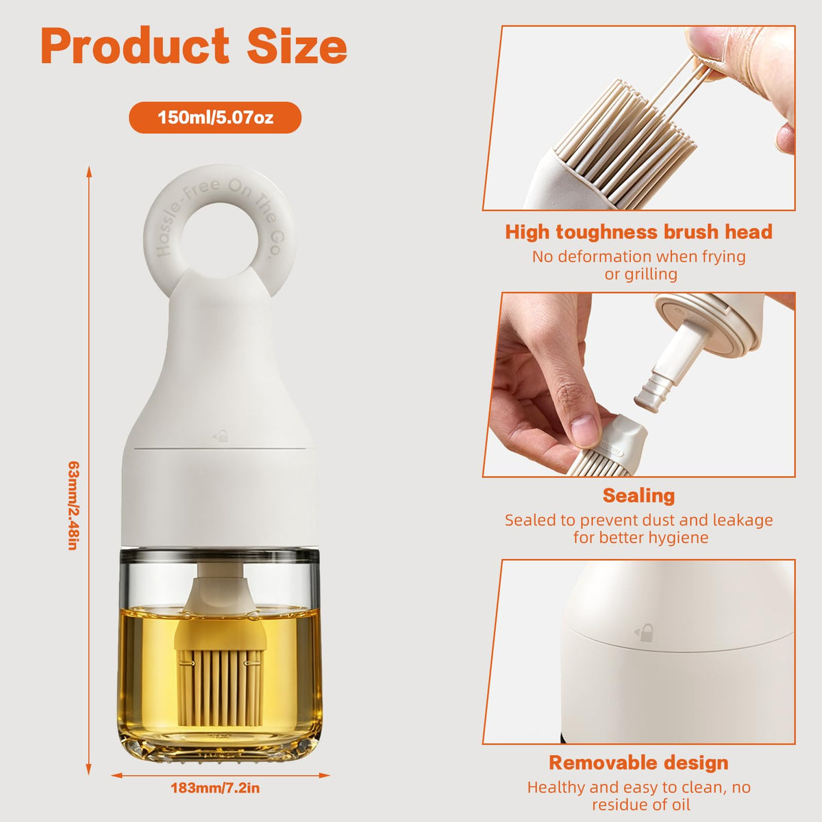 MMJ 2-in-1 Oil Dispenser with Brush, 150ml Glass Olive Oil Bottle with Silicone Basting Brush, Leak-Resistant Sauce Brush Bottle for BBQ, Baking, Grilling, Camping, White
