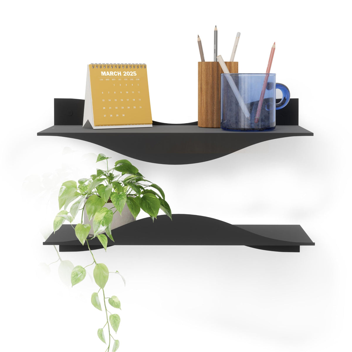 Umbra Surf Shelf Set of 2 – Black Metal Floating Shelves for Wall Storage & Décor, Modern Wave Design, 100% Steel, Holds 15 lbs. Each, Easy Installation Shelving for Bedroom, Living Room & Office