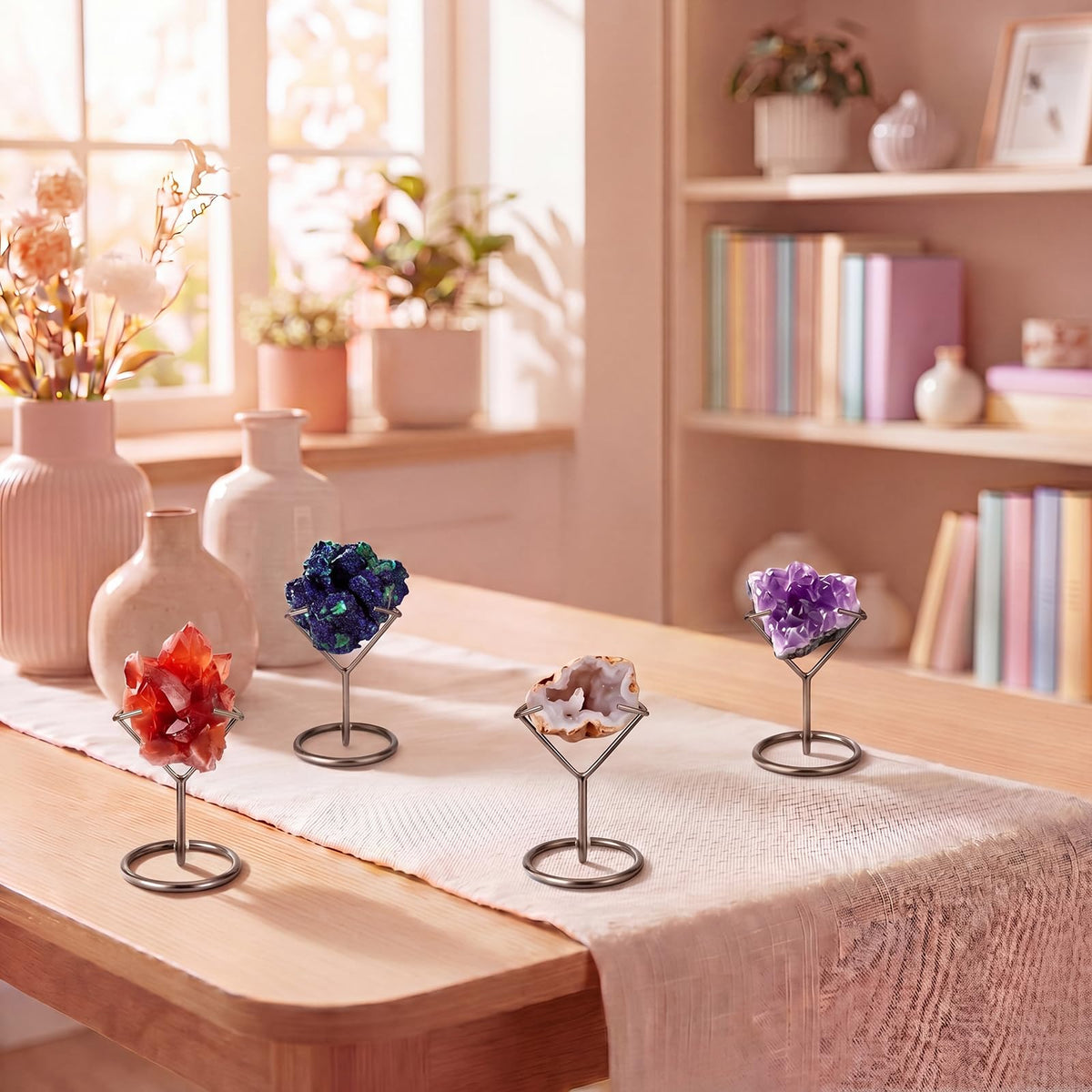 ElaraBerry 4 Pcs Rock Display Stand, Metal Black Crystal Display Holder Small Crystal Ball Holders for Small Gemstones Mineral Agate Home Office Decor