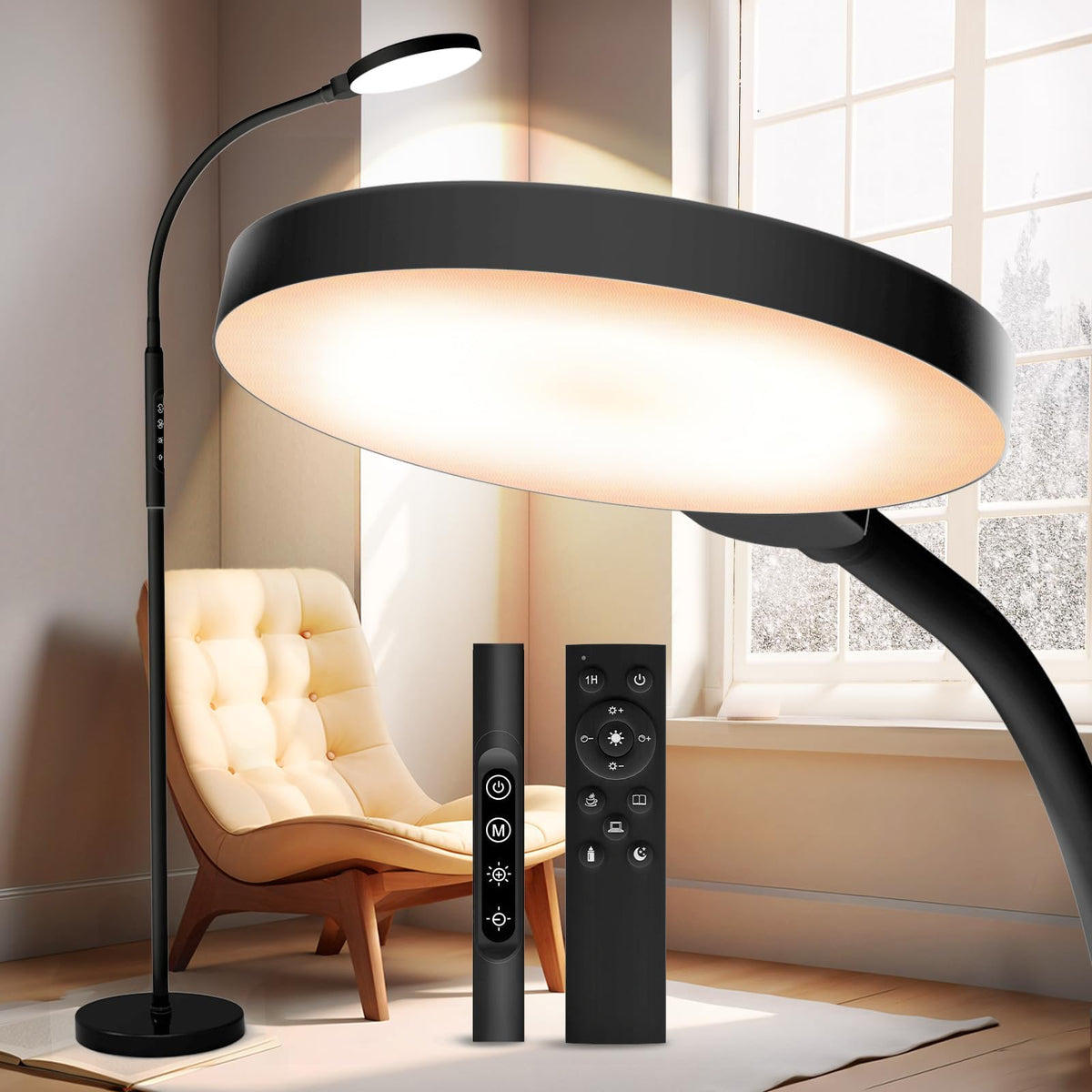 Aulaidik Light Therapy Lamp, 3 in 1 Therapy Floor Lighting, 11000 Lux Full Spectrum Therapy Lamps, UV-Free LED Sunlight, 10 Brightness/5Color/Gooseneck/Height Adjustable with Timer Control, Black