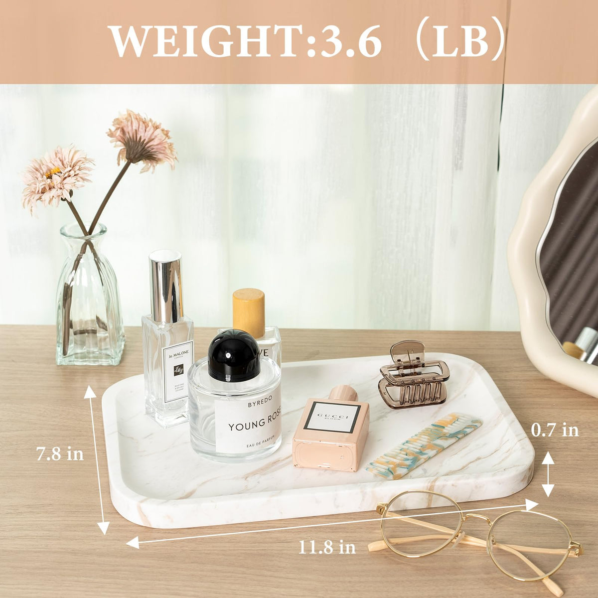 Karibiber Marble Vanity Tray, Marble Bathroom Tray Countertop, Decorative Trays for Dresser Organizer, White Stone Storage Serving Trays for Kitchen, Perfume, Jewelry Cathall Holder, Unique Veining